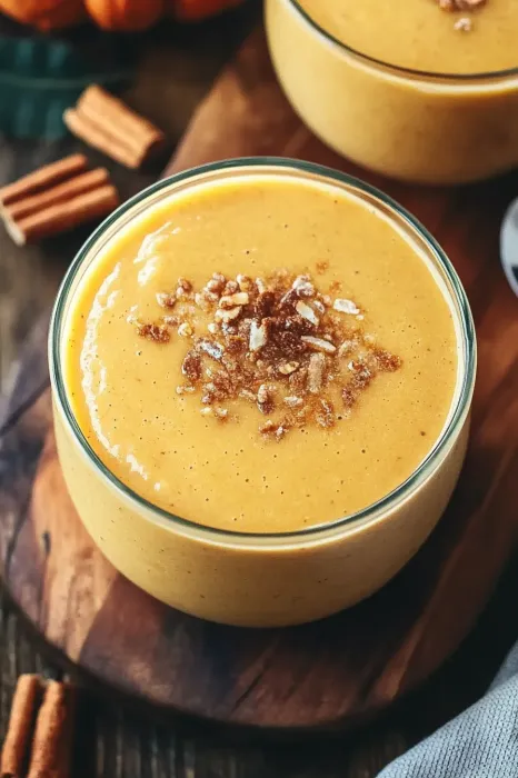A glass of orange soup with nuts on top.