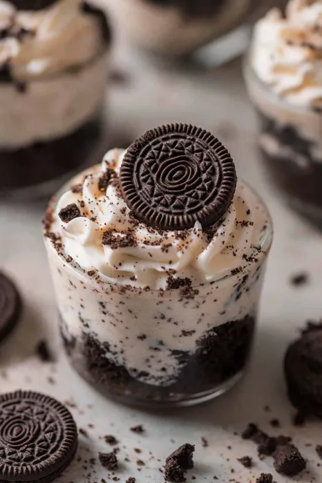 A cupcake with a cookie on top.