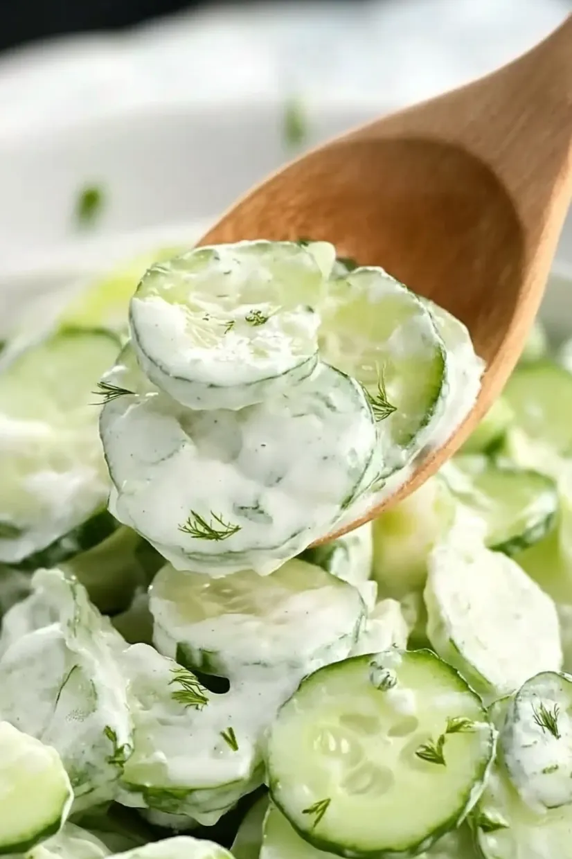 A wooden spoon is in a bowl of cucumber salad.