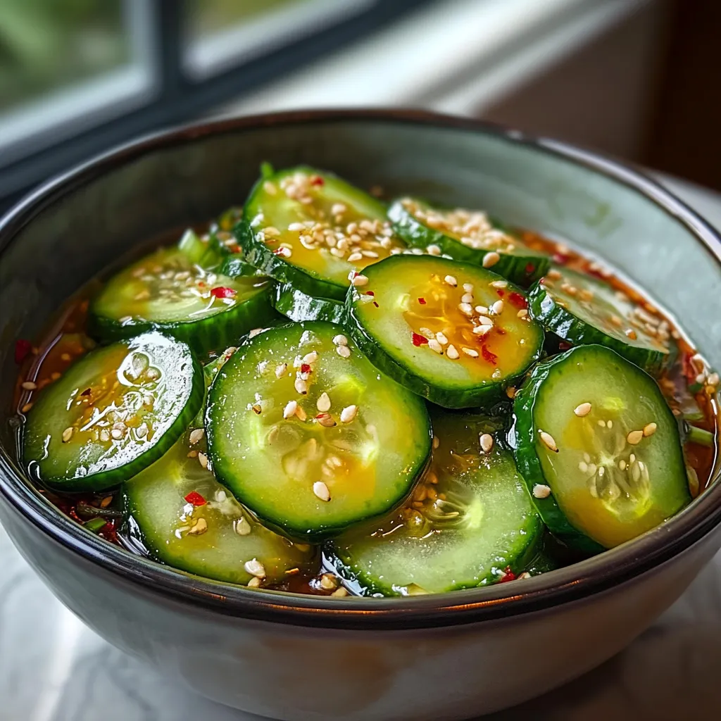 A bowl of cucumbers with seasoning.