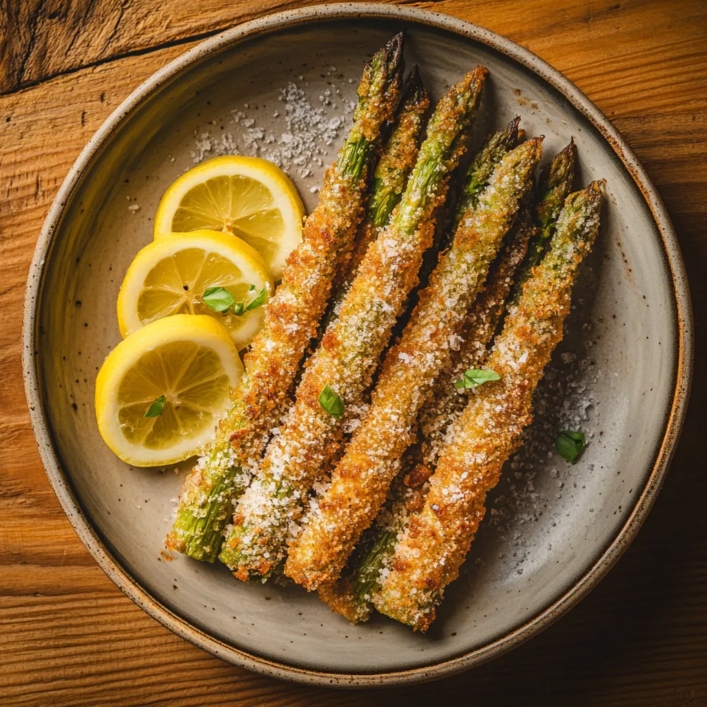 A plate of food with a lemon and asparagus.