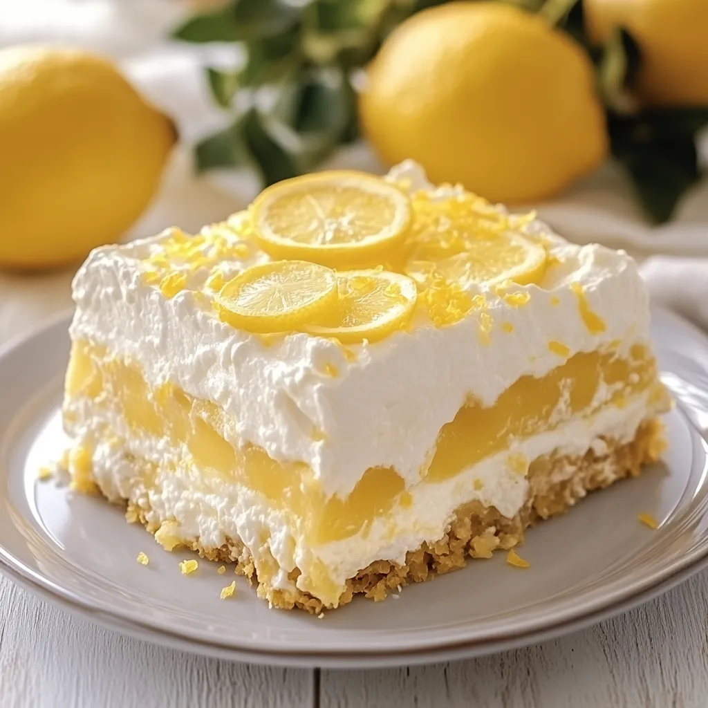 A slice of lemon cake with lemon wedges on top.