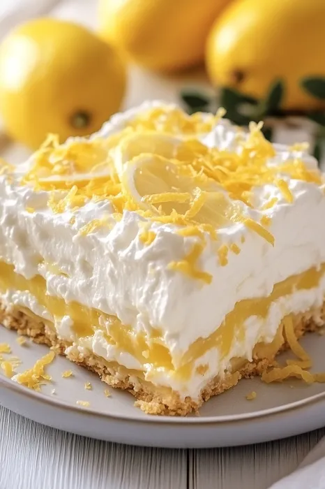 A slice of lemon cake with a lemon wedge on top.