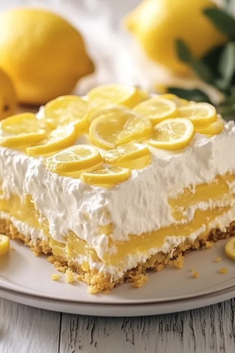 A slice of lemon cake with lemon wedges on top.