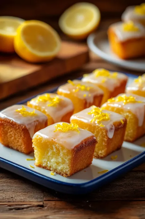 A plate of lemon cake with lemon wedges on top.
