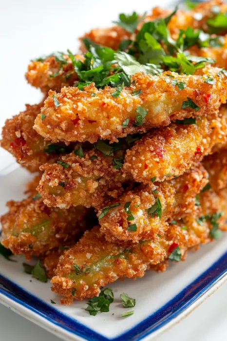 Fried chicken with green herbs on top.