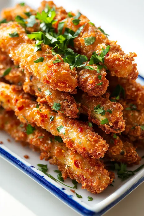 A plate of fried food with green herbs on top.