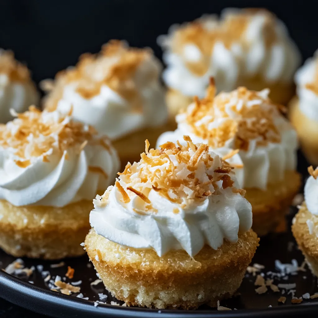 A plate of white cupcakes with coconut on top.