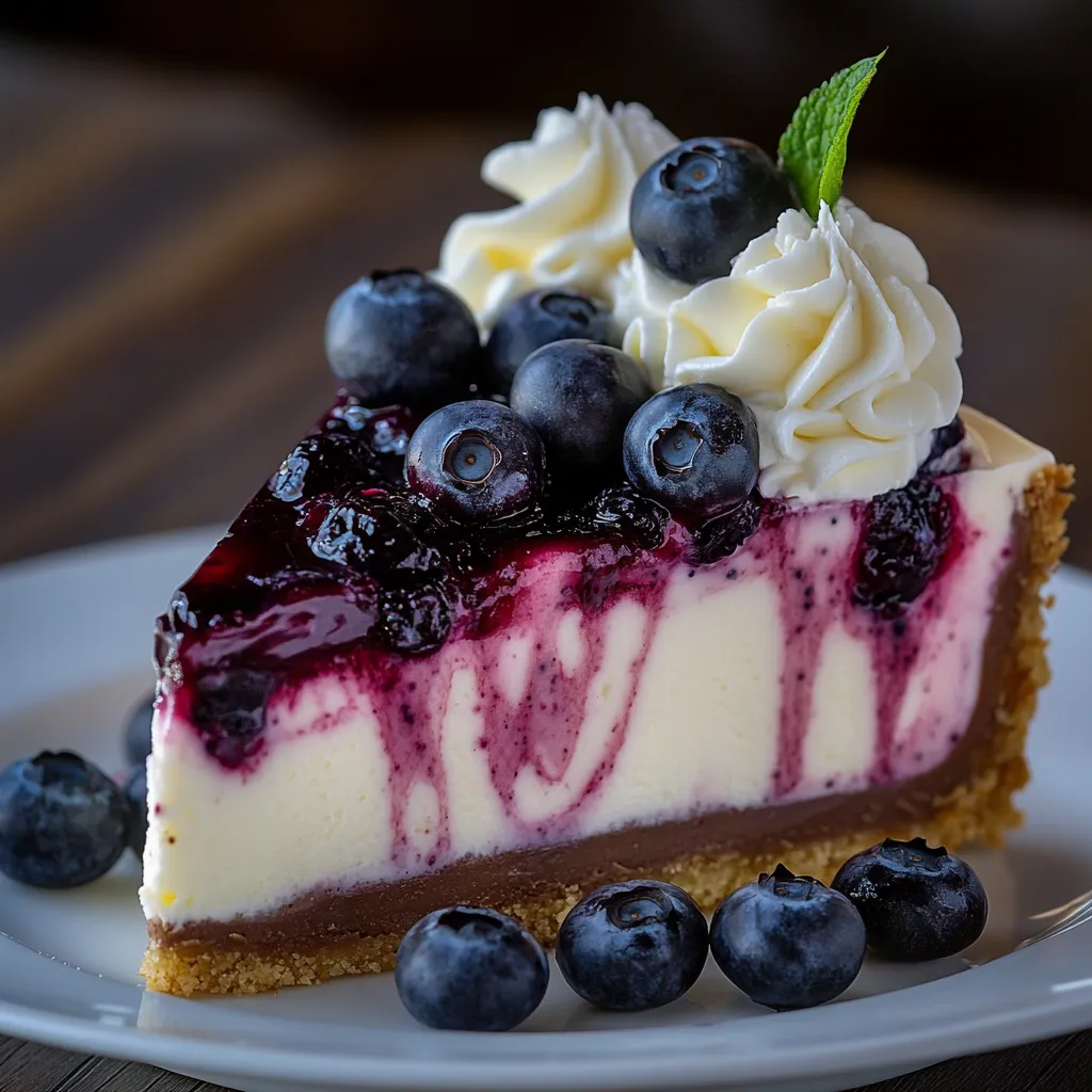 A slice of blueberry cheesecake with a blueberry on top.