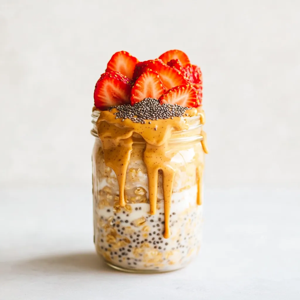 A jar of yogurt with strawberries and nuts.