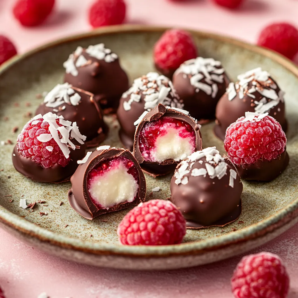 A plate of chocolate covered raspberries.