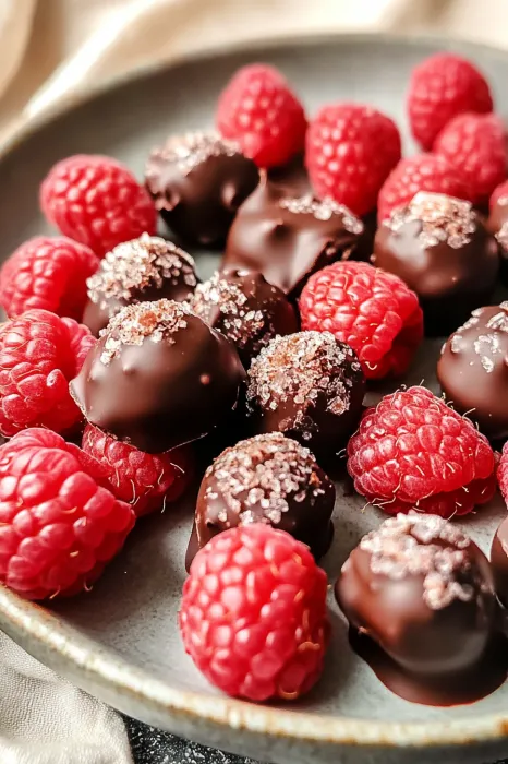 A plate of chocolate covered raspberries.