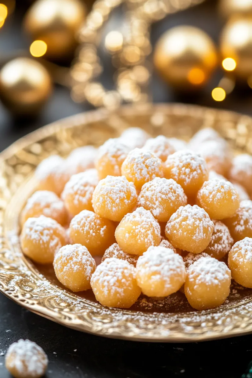 A plate of powdered sugar covered donuts.