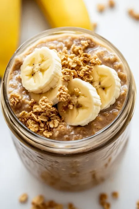 A glass of oatmeal with bananas and nuts.