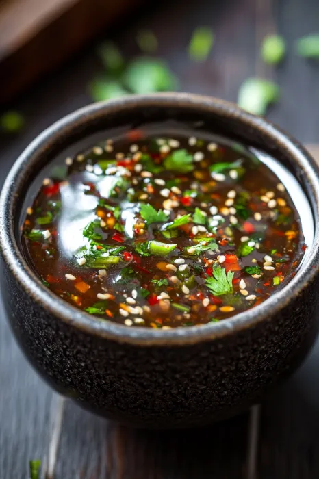 A bowl of soup with red peppers and green herbs.