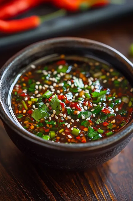 A bowl of soup with red peppers and green herbs.