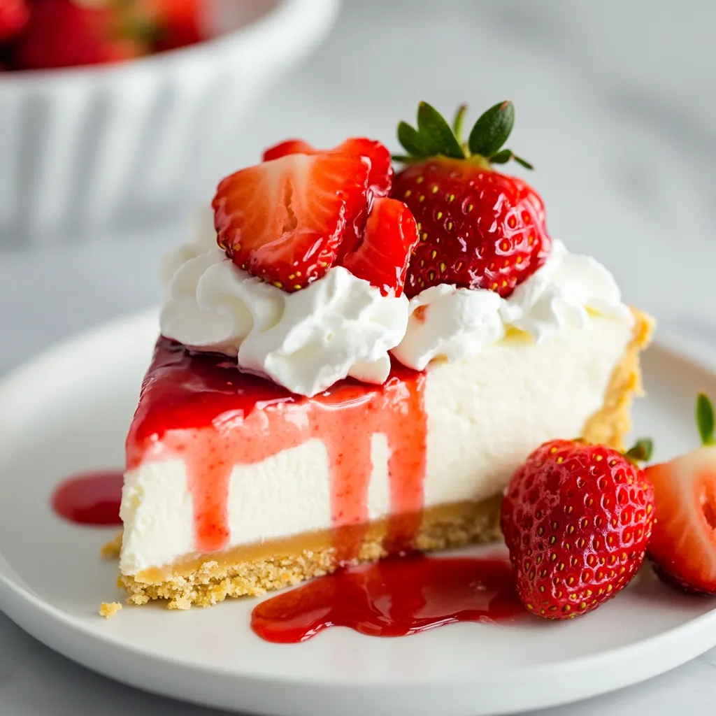 A slice of cheesecake with strawberries on top.