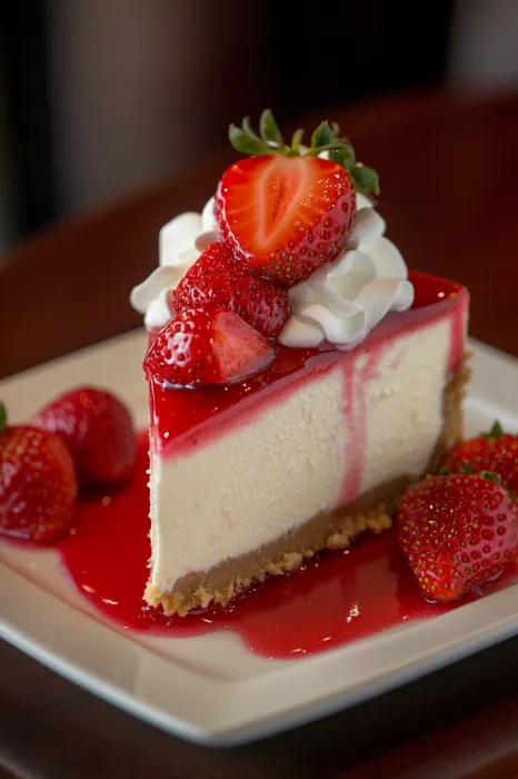 A slice of cheesecake with strawberries on top.