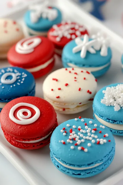 A plate of red, white and blue macarons.