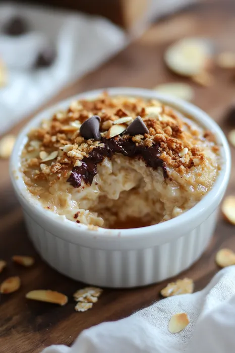 A bowl of food with chocolate chips and nuts.
