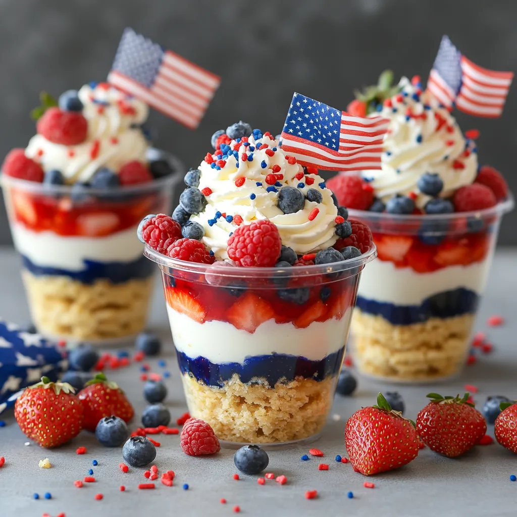 Three cups of red, white and blue desserts.