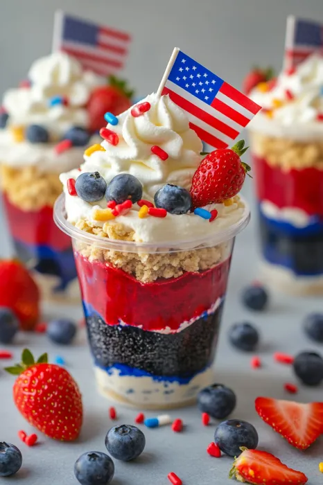 A red, white and blue dessert with strawberries and blueberries.