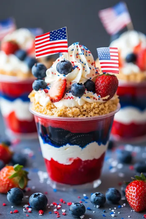A red, white and blue dessert with strawberries and blueberries.