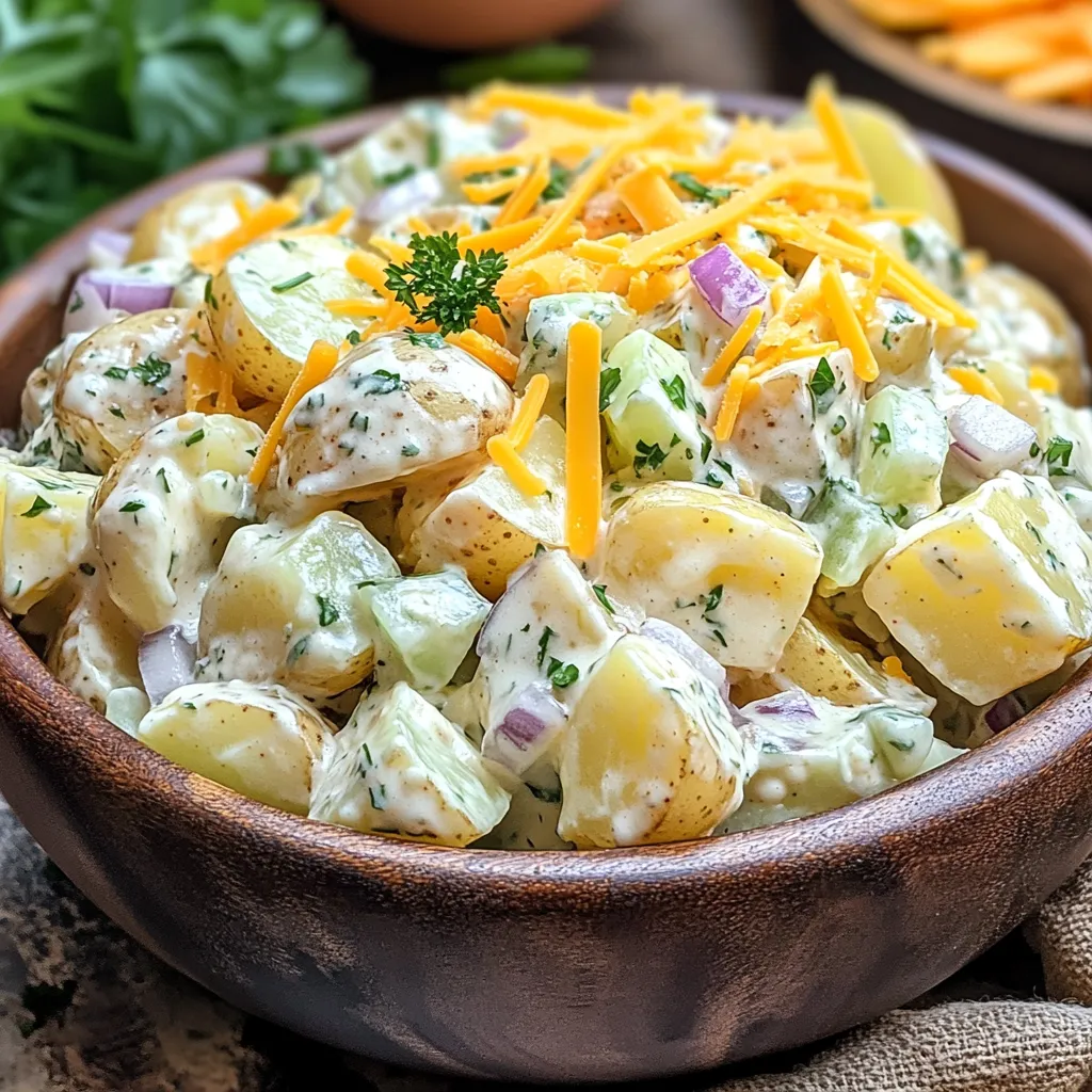 A bowl of potato salad with cheese and onions.