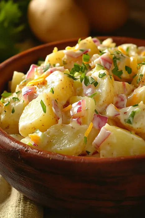 A bowl of potatoes with cheese and herbs.