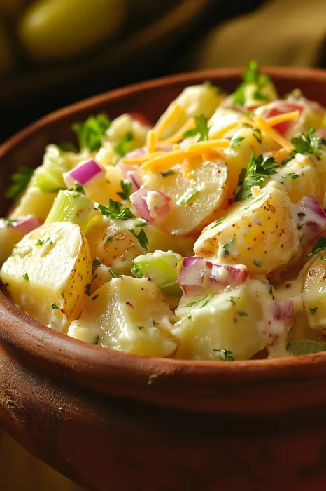 A bowl of food with potatoes and onions.