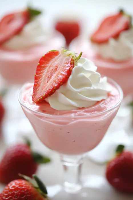 A glass of pink strawberry dessert.