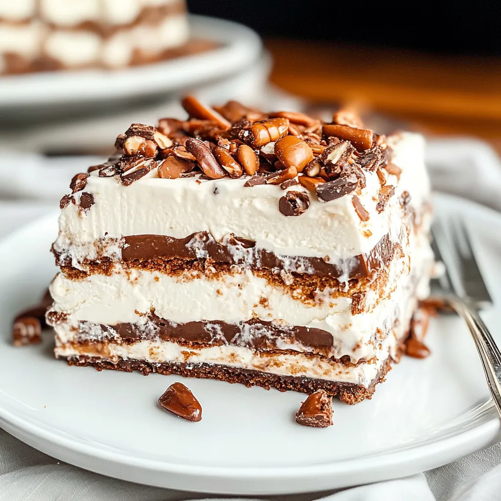 A slice of cake with chocolate and nuts on top.