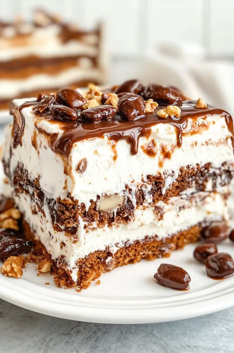 A slice of cake with chocolate and nuts.