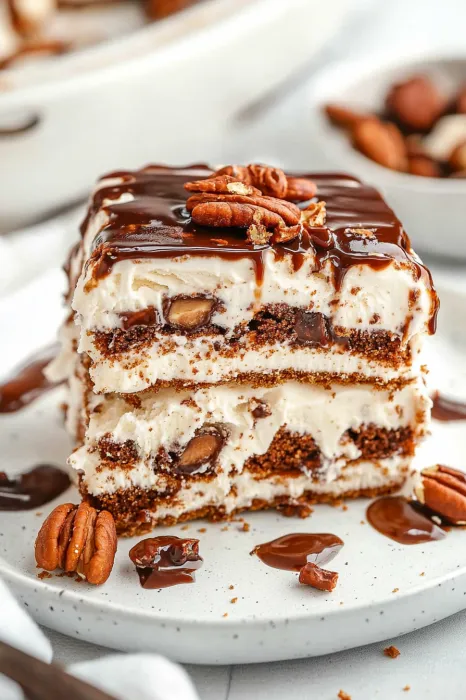 A slice of cake with chocolate drizzled on top.