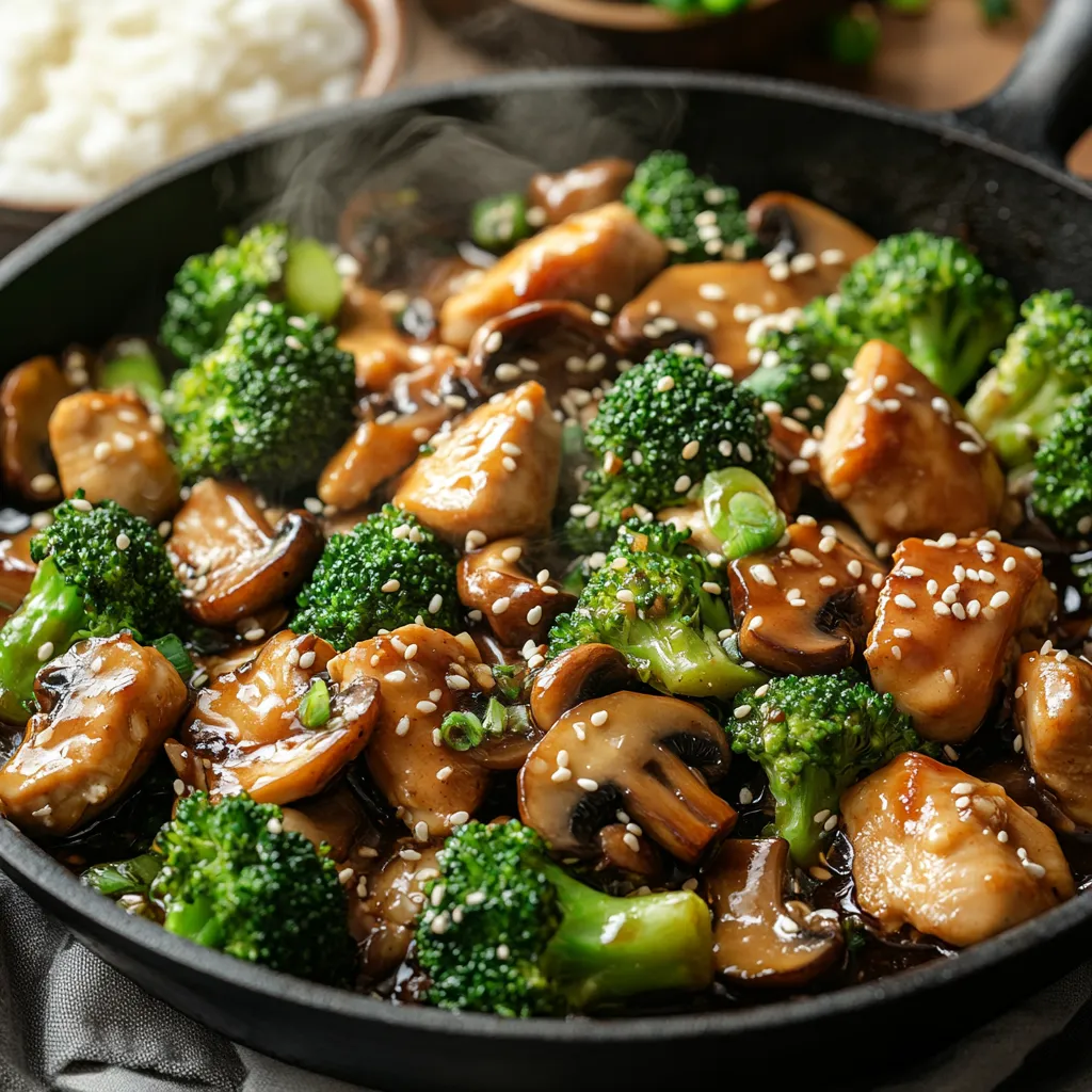 A pan of food with broccoli and mushrooms.