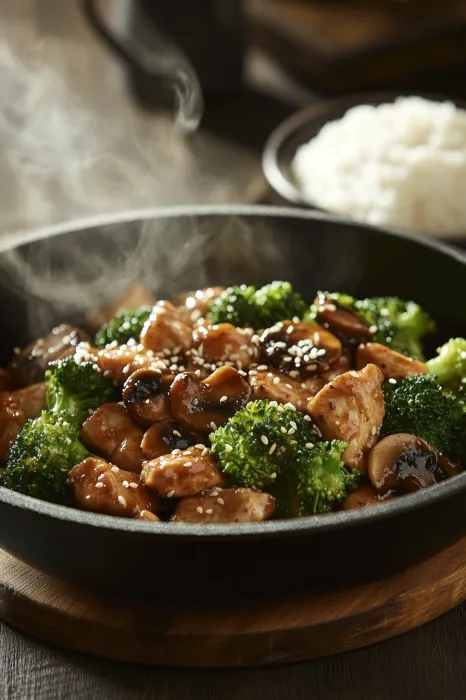 A bowl of food with broccoli and mushrooms.