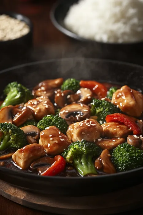 A bowl of food with broccoli and mushrooms.