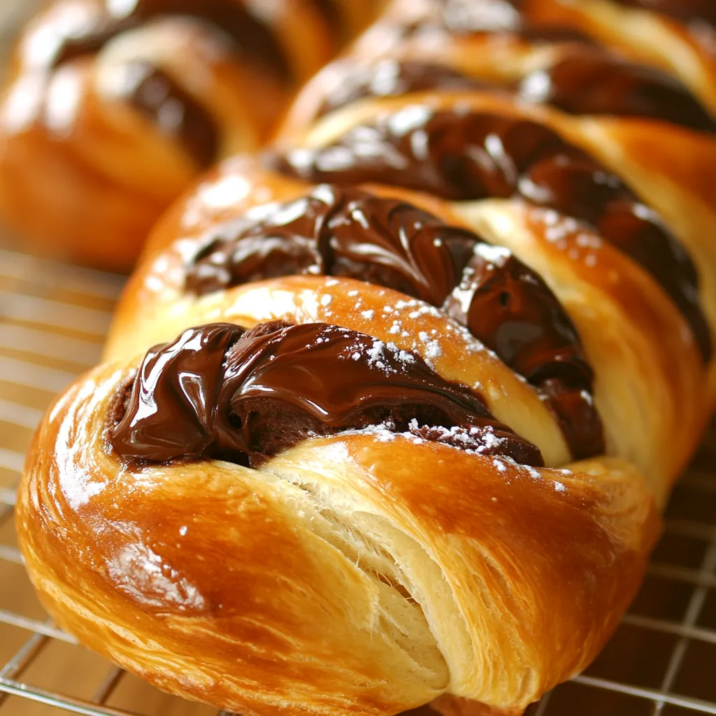 A tray of croissants with chocolate drizzled on top.