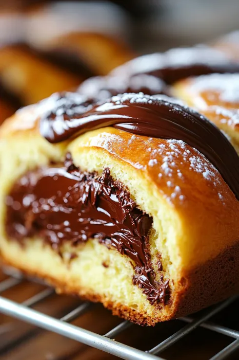 A chocolate covered pastry with chocolate drizzled on top.