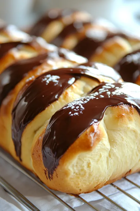 A pastry with chocolate drizzled on top.