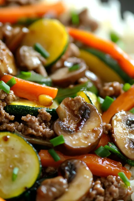 A close up of a plate of food with mushrooms, carrots, and zucchini.