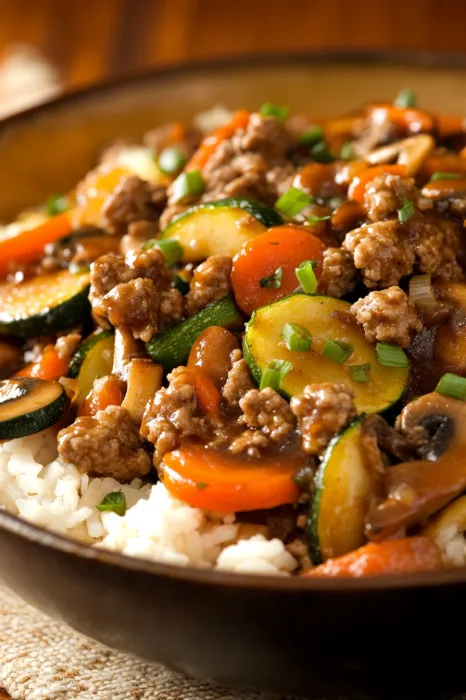 A bowl of food with meat and vegetables.
