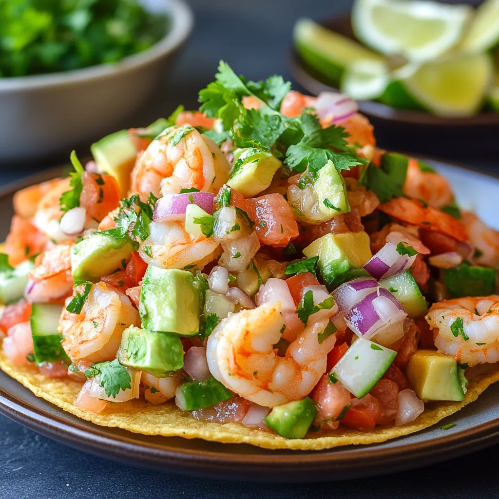 A plate of shrimp and avocado salsa.