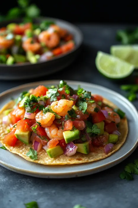 A plate of shrimp and avocado salsa.