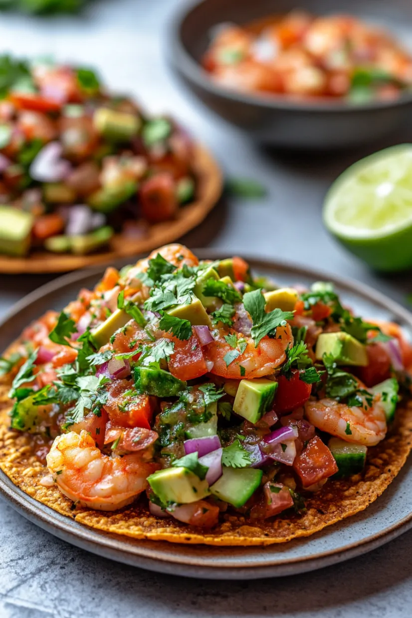 A plate of food with shrimp, avocado, and tomatoes.
