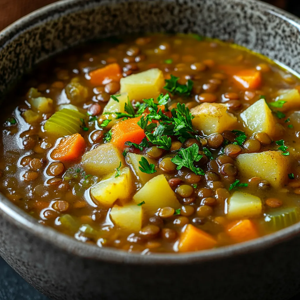 A bowl of soup with vegetables and herbs.