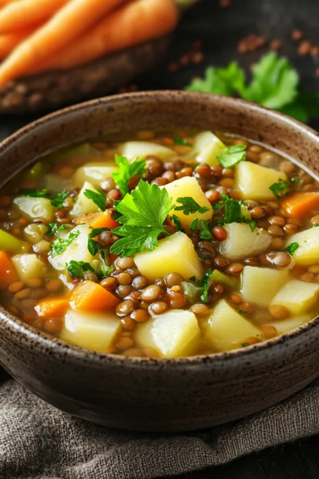 A bowl of soup with vegetables and beans.