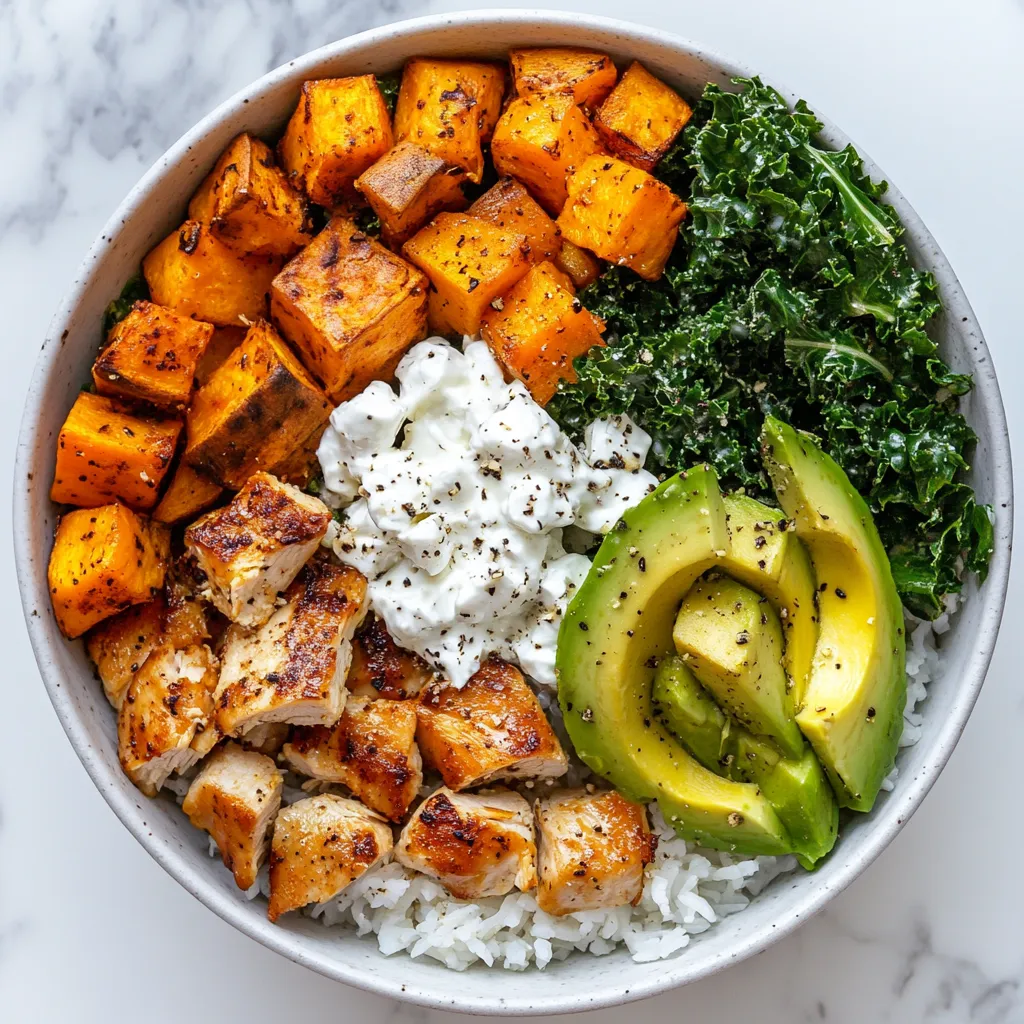 A bowl of food with rice, chicken, and vegetables.