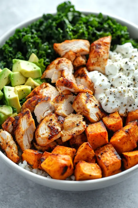 A bowl of food with chicken, avocado, and rice.