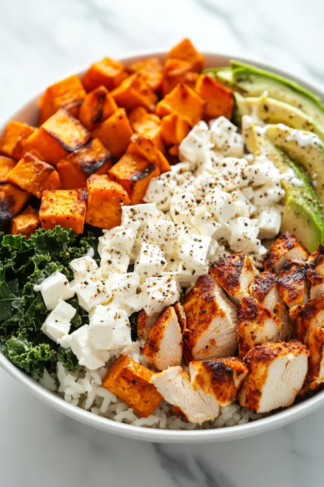 A bowl of food with meat, cheese, and vegetables.